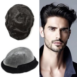 Healthlif Mens Toupee European Remy Human Hair Piece For Men V-Looped Hair System Ultra Thin Skin Toupee Men Hairpieces Protesis Capilar Para Hombre 8X10#1B Off Black
