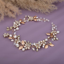 Teyglen Flower Bride Wedding Hair Vine Gold Leaf Rhinestone Headpiece Bridal Long Crystal and Pearl Headband Handmade Hair Piece Hair Accessories for Women Girls (Gold)