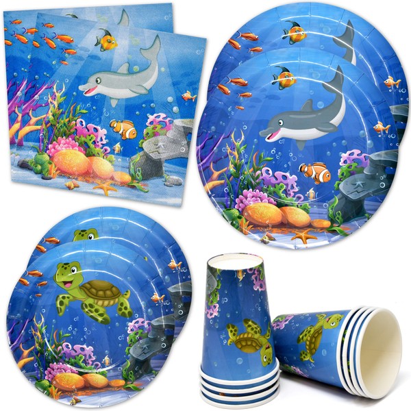 Gift Boutique Ocean Sea Life Supplies Tableware Set 24 9" Plates 24 7" Plate 24 9 Oz Cup 50 Lunch Napkins Underwater World Creatures Turtle Dolphin Fish Coral Reef Theme Disposable Paper Goods Decor