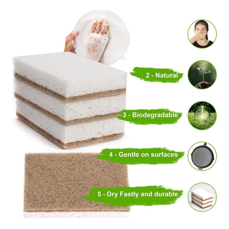 omolly 12 Pcs Eco Sponge Scourers, Natural Washing Up Sponge,