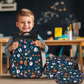 Citari Sports Balls Backpack Set for Boys Girls 3PCS Basketball Baseball Football Soccer School Bag with Lunch Box Pencil Case Kids Backpacks Toddler Elementary Bookbag 16 Inch