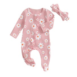 Newborn Girl Clothes Baby Girl Coming Home Outfit Zipper One-piece Outfits Ruffle Footie Bodysuit Jumpsuit Headband (Pink Floral, 0-3 Months)