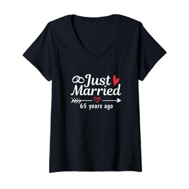 Womens Just Married 65 Years Ago Funny Couple Wedding Anniversary V-Neck T-Shirt