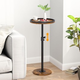 Kificet Small Side Table, Drink Table, Height Adjustable Round End Table, Pedestal Side Table for Small Spaces in Living Room, Bedroom, Brown