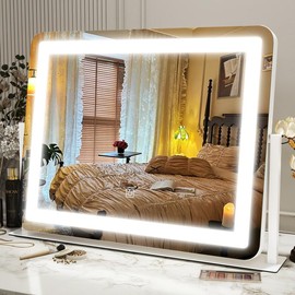FENNIO 22" Golden Makeup Mirror with LED Lights – Large Illuminated Vanity Mirror with Smart Touch Control, 3 Adjustable Color Modes, 360° Rotation, Perfect for Desk or Dressing Table (19"x22") - Color: White