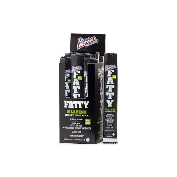 FATTY 2oz Jalapeno Smoked Meat Sticks | 20 Pack | Grass-Fed Beef & Antibiotic-Free Pork | Protein Packed & Gluten-Free Real Hickory Smoked Jerky Snack