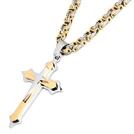 Men's Necklace with Cross Pendant in Silver and Gold Made of High-Quality 316L Stainless Steel Byzantine Chain Men's Gift, Stainless Steel, Cubic Zirconia