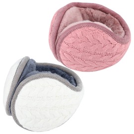 Pack of 2 Earmuffs Women's Winter Foldable Ear Warmers Plush Earmuffs Outdoor Fleece Earmuffs Warm Knitted Earmuffs Women Men Earmuffs for Skiing Walking Running, Pink and White