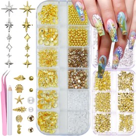 HYWWPFLAY 24 Grids Summer Nail Charms for Acrylic Nails - Gold & Silver Stars, Seashell, Starfish, Caviar Beads, Rhinestones, Pearls 3D Nail Charms, DIY Nail Art Decoration, Wax Pen & Tweezers
