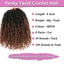Samtress 8 Packs Pre Looped Yanky Twists Crochet Hair Ombre Brown Passion Twist Crochet Braiding Hair 8 Inch Bouncy Spring Twist Hair Short Pre-twisted Mini Curly Twist Crochet Braids Hair Extensions