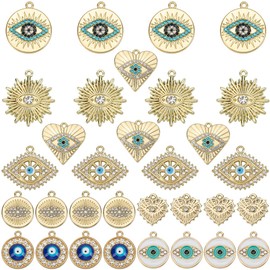 SUNNYCLUE 1 Box 32Pcs 8 Styles Evil Eye Charms Bulk Turkish Eye Charm Alloy Rhinestones Golden Blue Round Heart Eyes Sun Charms for Jewelry Making Charms DIY Crafting Necklaces Bracelets Earrings,