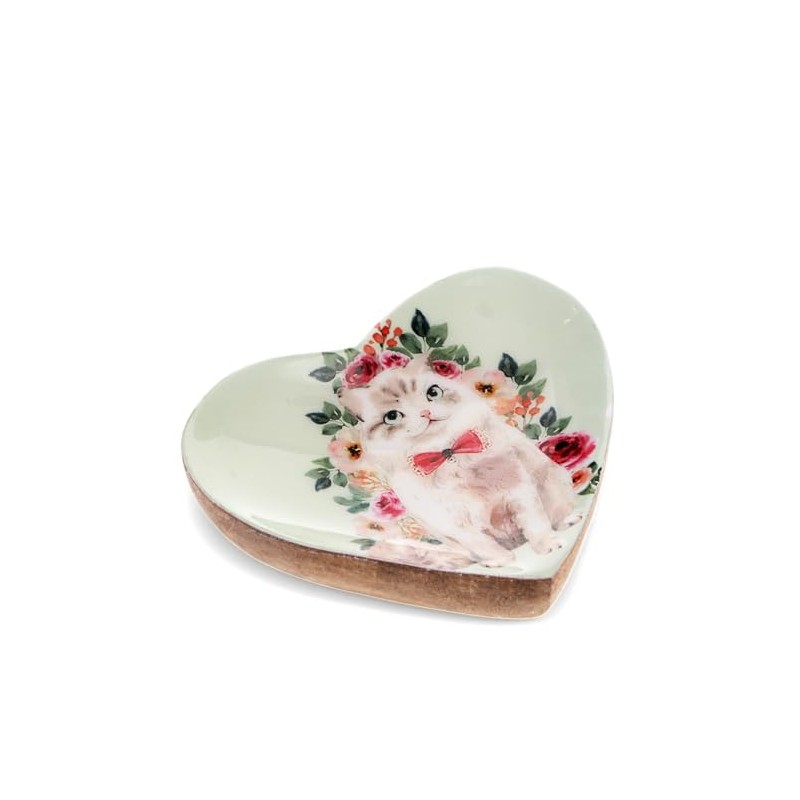 Rex London Wooden Heart-shaped Trinket Dish - Cat