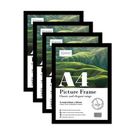 Almost Frameless A4 Black Picture Frame Set of 4, Display A4 Picture Gallery Wall, Poster, Photo, Artwork, or Print, Black