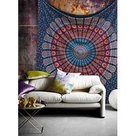 Popular Handicrafts Hippie Mandala Tapestry Wall Hanging - Indian Peacock Maditation Gypsy Bohemian Hippy Psychedelic Dorm Room Decor Blue 54 x 60 Inch