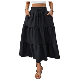 RoseSeek Women's Flowy A Line Ruffle Layered Maxi Skirts High Waisted Bowknot Casual Elegant Skirt Black Large