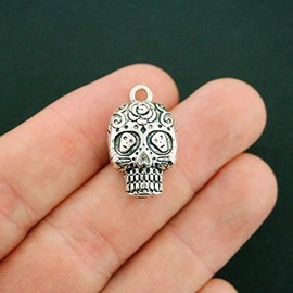 4 Floral Skull Charms Antique Silver Tone Gorgeous Detail - Charms Pendants DIY for Necklace Bracelet Jewelry Making Scrapbooking and Crafting