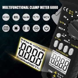 ANNMETER Medidor de abrazadera, multímetro digital NCV TRMS 6000 probador de recuento para voltaje AC/DC Corriente Capacitancia Temperatura Frecuencia Medición con Retroiluminación