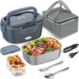 Heyfavor Electric Lunch Box for Adults, 80W Portable Food Warmer, 12V/24V/110V 3 in 1 Heated Lunch Box for Car/Truck/Office, with 1.5L Stainless Steel Container, Fork & Spoon and Insulated Bag (Blue)