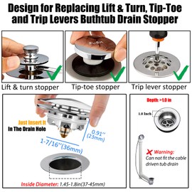 Anlige Bathtub Drain Stopper, Pop Up Tub Stopper and Cover, Bottom with Hair Catcher, Universal for 1.45 to 1.8in Drain, Replaces Old Drain Plug, Chrome Silver