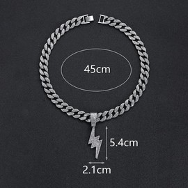 Bling Lightning Bolt CZ Iced Out Necklace for Men,Fake Diamond Thick Cuban Link Chain Rapper Hip Hop Custume Jewelry 18K Gold/Platinum Plated with Sparkly Lightning Charms, Large, Stainless Steel,