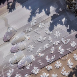 LIFOOST 5D Embossed Flower Nail Stickers for Nail Art White Floral Shell Light Sakura Self-Adhesive Nail Art Decals for Women Girls DIY Manicure Decorations