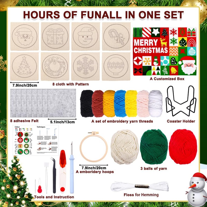 XIMISHOP 8PCS Christmas Punch Needle Coasters Kit，Easy Punch Needle Starter
