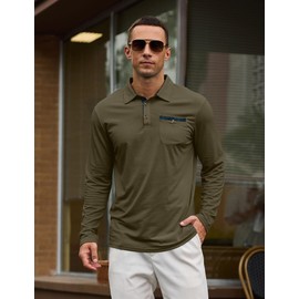 Mens Long Sleeve Polo Shirts Casual Classic Athletic Collar Plaid Button Golf T Shirts with Pockets Green