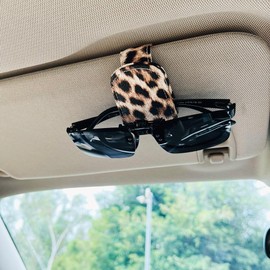 FLYEEGO Sunglass Holder for Car Visor, Cheetah Leopard Magnet Sunglasses Holder for car Leather Sunglasses Holder and Ticket Card Clip Car Visor Accessories