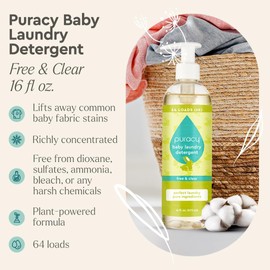 Puracy Liquid Baby Laundry Detergent - 1,4 Dioxane Free, Natural, Scent-Free Gentle Laundry Detergent Liquid Concentrate Laundry Pouch with Stain Fighting Enzymes (Baby- Free & Clear, 16oz)