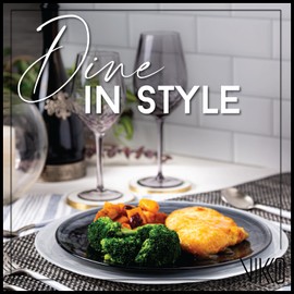 Vikko Dinner Plates, Set of 4 Black Alabaster Plates, 11" Plate with Marbelized, Swirl Design, Elegant Glass Plate, Dishwasher Safe