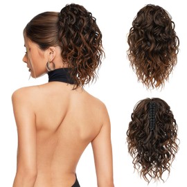 Flufymooz Ponytail Extension, 12" Short Claw Ponytail Extension Wavy Curly Jaw Clip in Pony tails Hair Extension Natural Synthetic Hairpiece for Women (Almond brown)