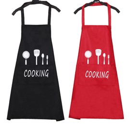 Pack of 2 Waterproof Cooking Aprons with Pockets, Adjustable Kitchen Aprons, BBQ Aprons, Bib Aprons, Kitchen Aprons for Men and Women, for Garden Grill, Restaurant, Kitchen, Red, black
