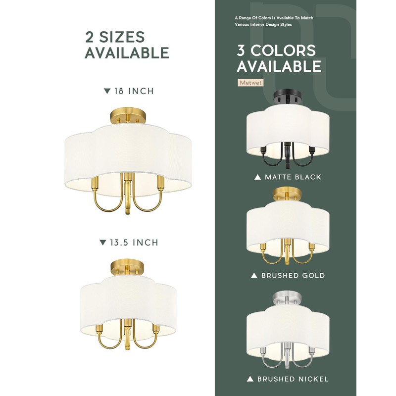 METWET Gold Semi Flush Mount Ceiling Light, 13.5" 4-Light Light