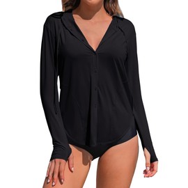 ATTRACO Rash Guard Uv Sun Protection Button Down Shirts Swimsuit Top UPF 50+ Cover Up SPF Hoodie Jacket Black Large