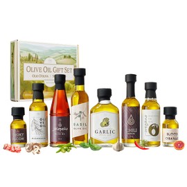 Kiri & Sons Olive Oil Gourmet Sampler Gift Set of 8 - Premium Extra-Virgin Olive Oil Made In Spain, Natural Flavors Include Mushroom, Chili, Garlic, Oregano, Blood Orange, Smoky Bacon, Jalapeno, Basil