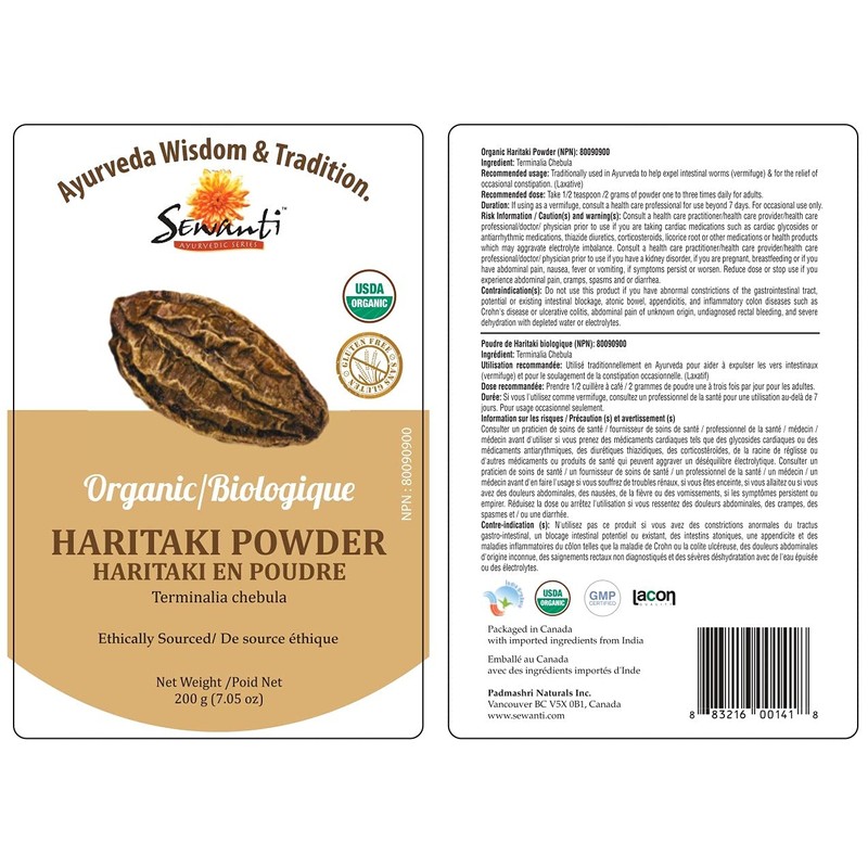Organic Haritaki Powder 200g/ NPN 80090900/ Terminalia Chebula/Traditional laxative