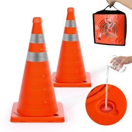 BATTIFE 2 Pack 18 Inch Collapsible Traffic Safety Cones with Fillable Base, Orange Safety Cones, Multi Purpose Pop up Cones with Reflective Collar, for Road Parking, Driving Practice