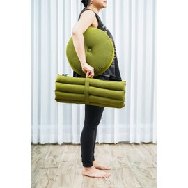 Leewadee Meditation Cushion Set – 1 Small Zafu Yoga Pillow and 1 Small Roll-Up Zabuton Mat Filled with Kapok, Green