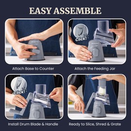 Elite Gourmet EFP593 Rotary Cheese Grater with 3 Stainless-Steel Blades for Slicing, Shredding & Fine Shredding, Strong Suction Base, Dishwasher-Safe, Gray