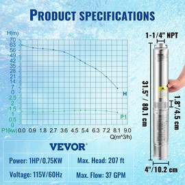 VEVOR Deep Well Submersible Pump, 1HP 115V/60Hz, 37gpm Flow 207ft Head, with 33ft Electric Cord, 4\" Stainless Steel Water Pump for Industrial, Irrigation&Home Use, IP68 Waterproof Grade:_1 hp