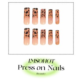 IMSOHOT Long Press on Nails Square Fake Nails Brown Leopard Print False Nails with Glitter Gradient Designs Full Cover Glossy Acrylic Nail Supplies Glue on Nails for Women 24Pcs