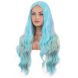 BERON 28 Inches Blue Green Mix Rainbow Wig Middle Part Wig Long Wavy Teal Blue Colorful Wigs for Women Daily or Cosplay