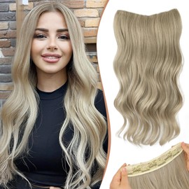 NANNAN Invisible Wire Hair Extensions - Transparent Wire Adjustable Size, 4 Secure Clips, Omber Dirty Blonde Long Wavy Synthetic Hairpiece for Women 22 Inch