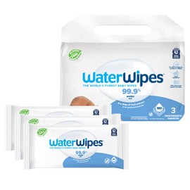 WaterWipes Plastic-Free Original 99.9% Water Based Wipes, Unscented & Hypoallergenic for Sensitive Skin, 180 Count (3 packs), Packaging May Vary
