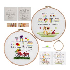 Ebherys Level 1 Hand Embroidery Kit, Basic Stitching for Beginners, 2 Sets in Pack, 1 Hoop, Embossed Cloth, Instructions Included, 2 Needles, 12 Embroidery Stitch Practice Kit (Bicycle and Cat)