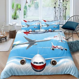 Homewish Aeroplane Bed Linen Set, 135 x 200 cm, Aviation Aeroplane Comforter Cover for Children, Boys, Teenagers, Young Man, Cartoon Aeroplane Duvet Cover, Flying In Thesky Bedroom Decor with 1