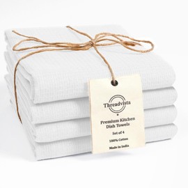 Threadvista 100% Cotton Waffle Kitchen Towels Set of 4 - Soft Highly Absorbent Durable - Perfect for Drying Cleaning Everyday Kitchen Use - Quick Drying Premium Dish Towels 16x26 Inch White