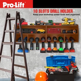 Pro-Lift Cordless Drill Organizer – wall mount power tool storage rack, 10 hanging slots, wooden M-005W2