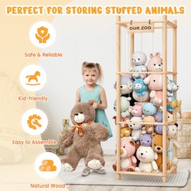 Woodure Stuffed Animal Storage & Organizer, Wooden Cute Zoo Toy Holder for Toddler Rooms, Playrooms & Bedrooms