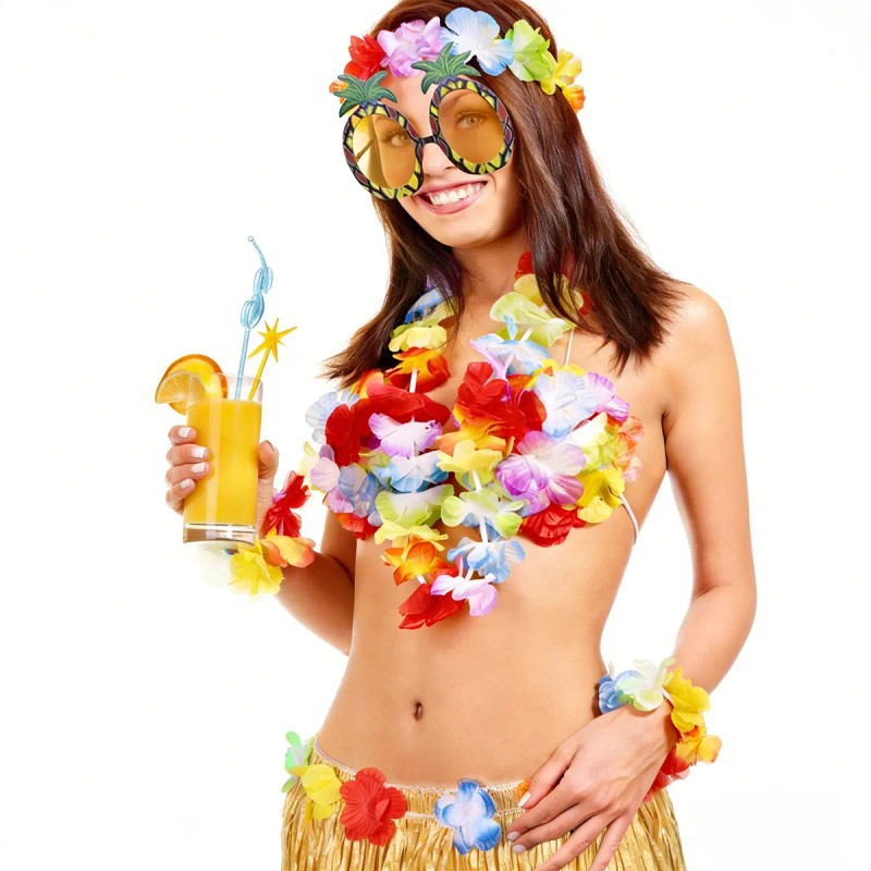 Disfraz Hawaiano Mujer Falda Gafas Collar Tropicales Fiesta